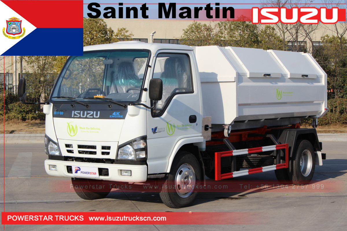 Truk sampah hooklift Saint Martin 1 Isuzu dengan 4 tempat sampah
    