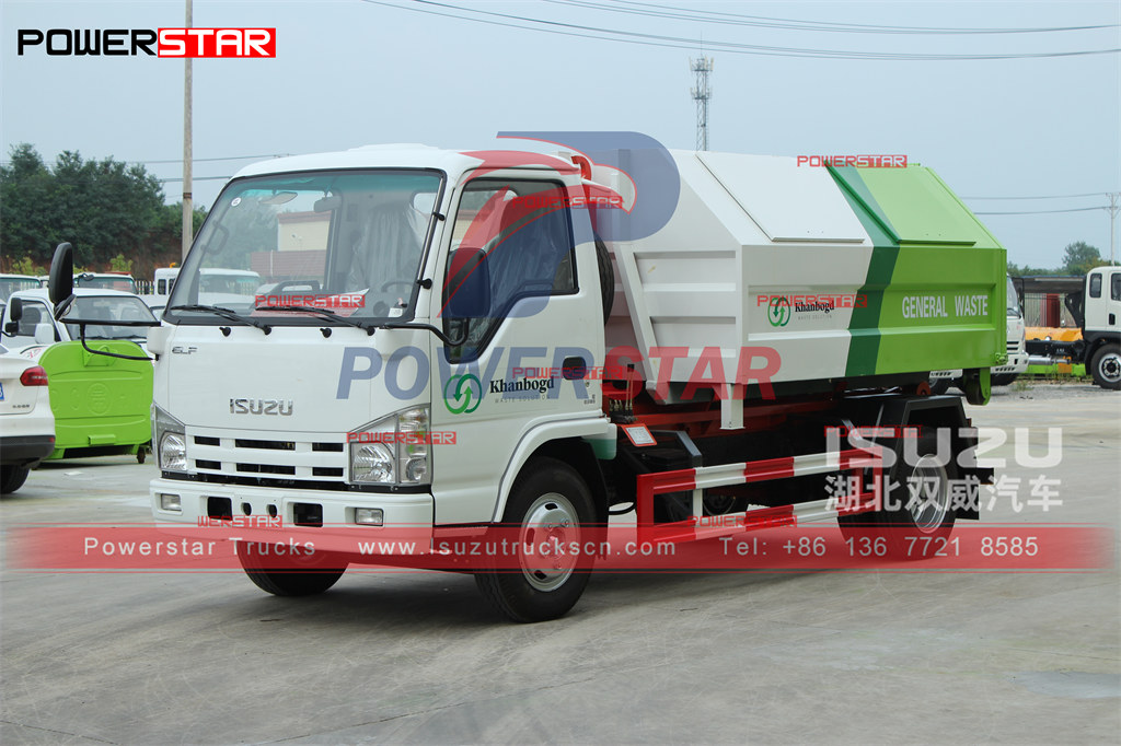 ISUZU mini ELF 5cbm hook lift truk sampah ekspor ke Mongolia dari pelabuhan Erenhot
    